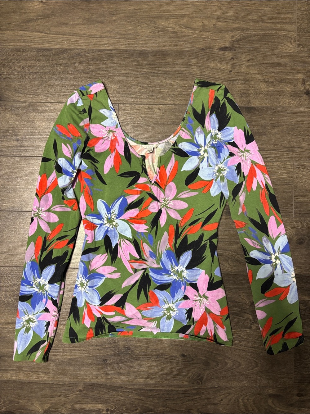 Guess Olive Green Floral Long Sleeve Scoop Neck Top